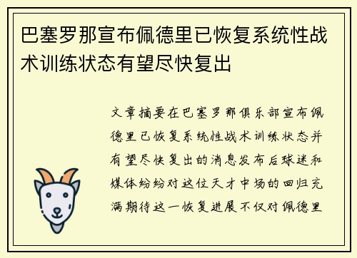 巴塞罗那宣布佩德里已恢复系统性战术训练状态有望尽快复出
